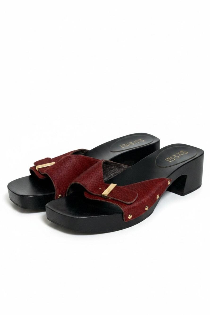 Gucci Vintage Red Pony Hair Wooden Slides Clogs Size 38 8